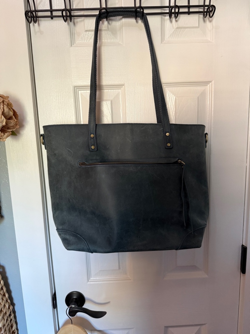 Classic dark teal Leather Tote Bag with Front Zip Pocket